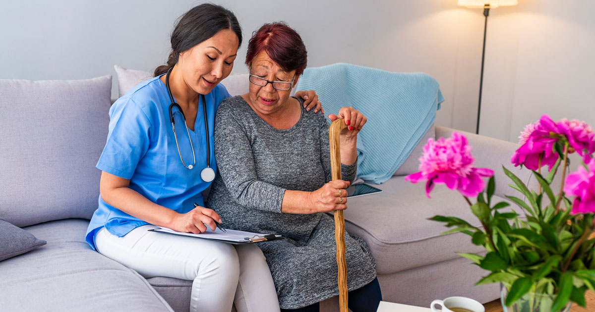 Senior Woman Walking Stick Helpful Caregiver